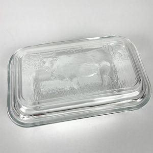 Vintage Arcoroc France Glass Butter Refrigerator Dish With Lid Dairy Cow Farm
